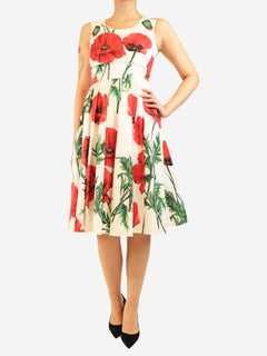 White and red floral printed midi dress - size UK 8