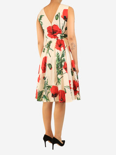 White and red floral printed midi dress - size UK 8