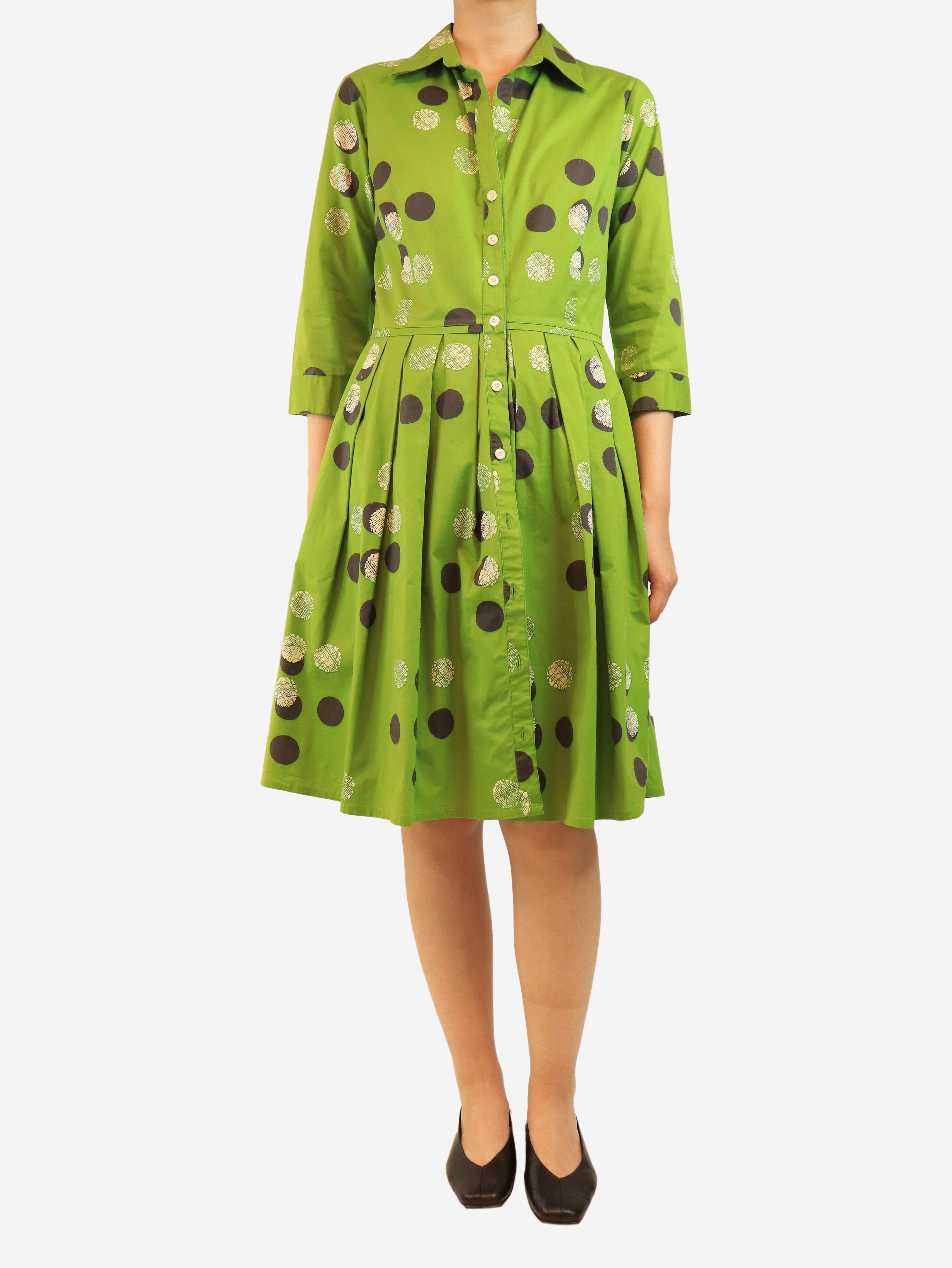 Green cotton printed midi dress - size UK 12