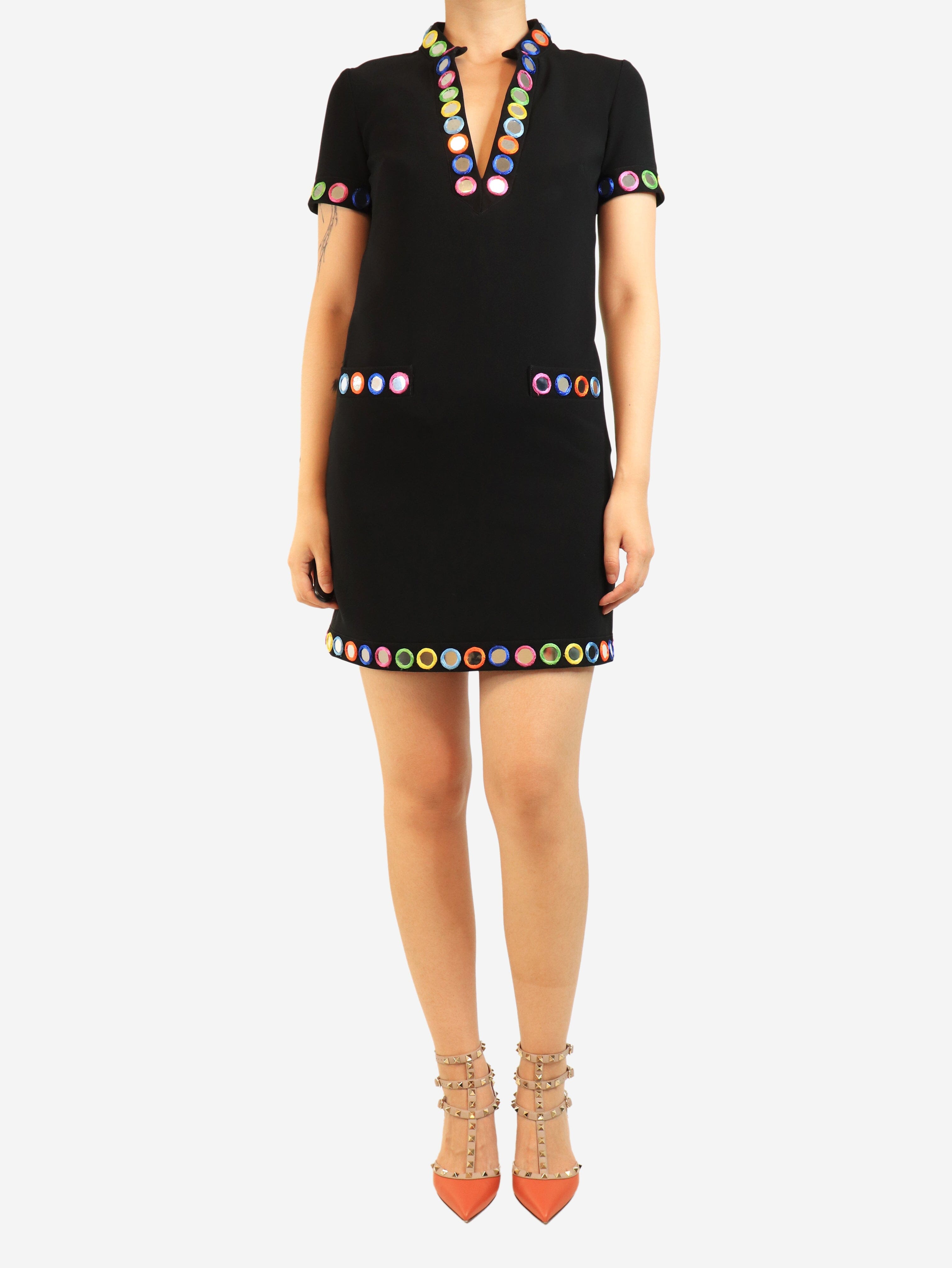 Black mirror-embellished mini dress - size UK 8