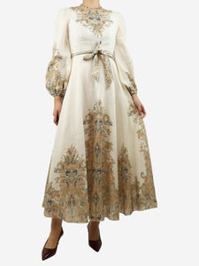 Zimmermann Cream long sleeve linen printed dress - size UK 10