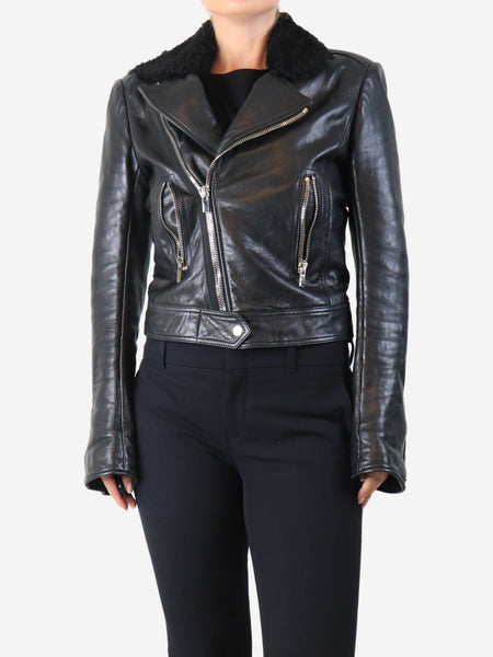 Black leather shearling biker jacket - size UK 12 product image