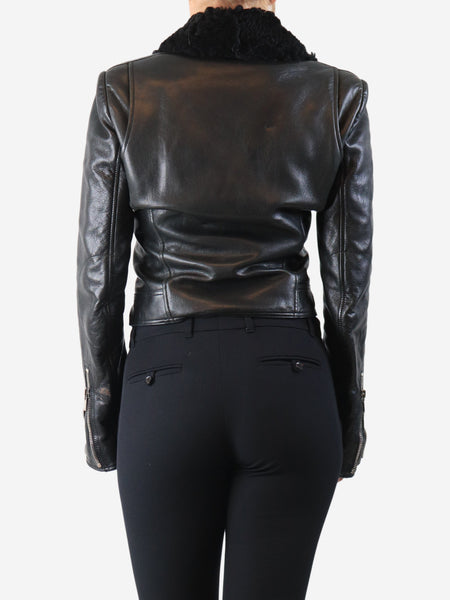 Black leather shearling biker jacket - size UK 12 alternate image
