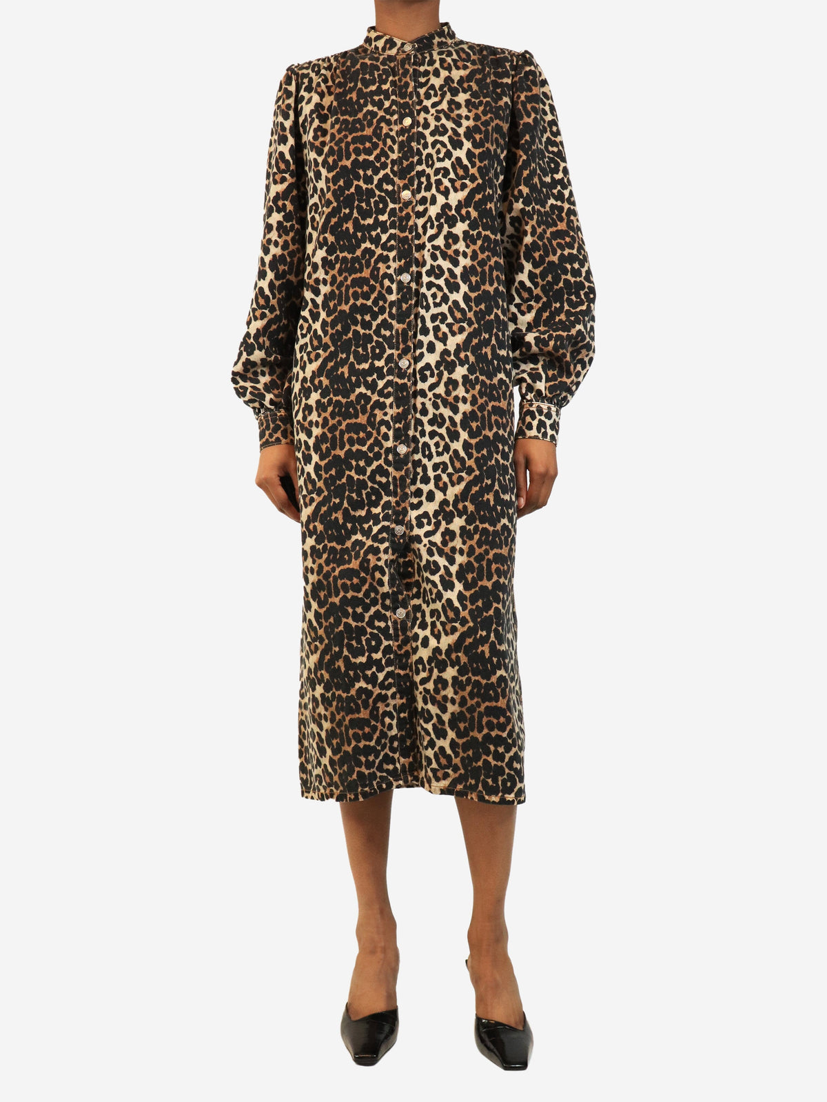 Brown denim leopard print button-down dress - size UK 8 Dresses Ganni 