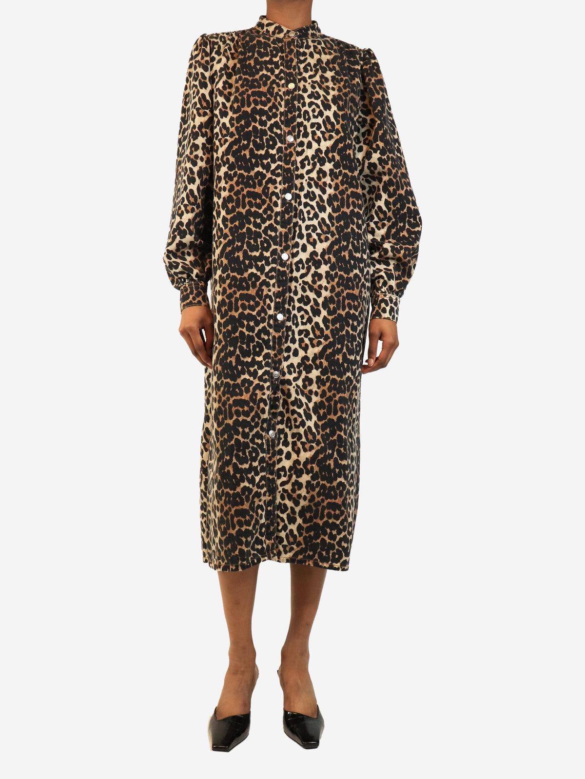 Brown denim leopard print button-down dress - size UK 8 Dresses Ganni 