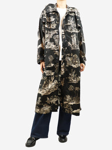 Moncler Black hooded oversized printed raincoat - size UK 10