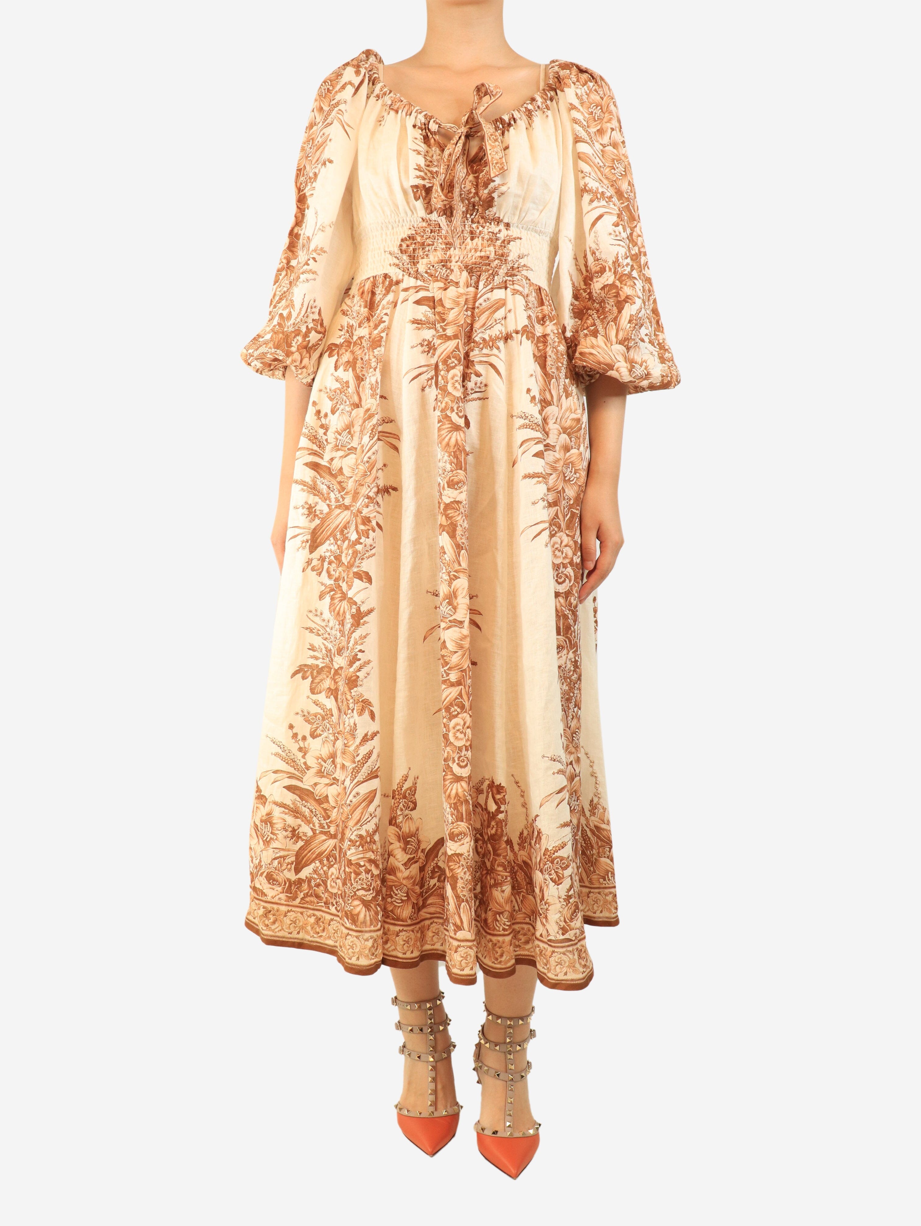 Neutral and brown floral linen midi dress - size UK 8 Dresses Zimmermann 