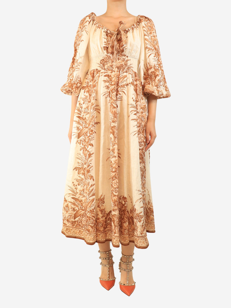 Neutral and brown floral linen midi dress - size UK 8 Dresses Zimmermann 