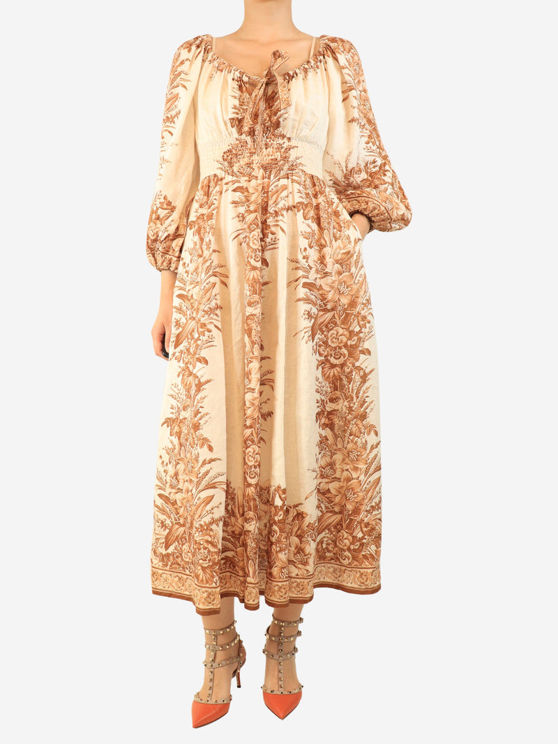 Neutral and brown floral linen midi dress - size UK 8 Dresses Zimmermann 