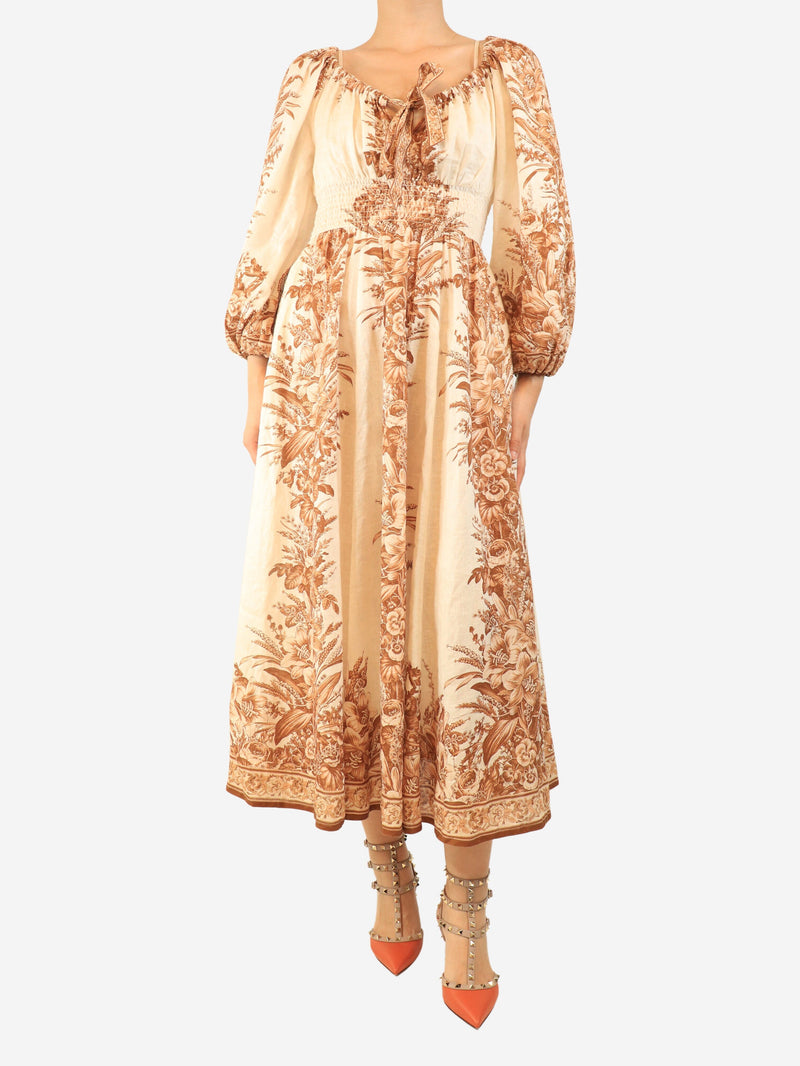 Neutral and brown floral linen midi dress - size UK 8 Dresses Zimmermann 