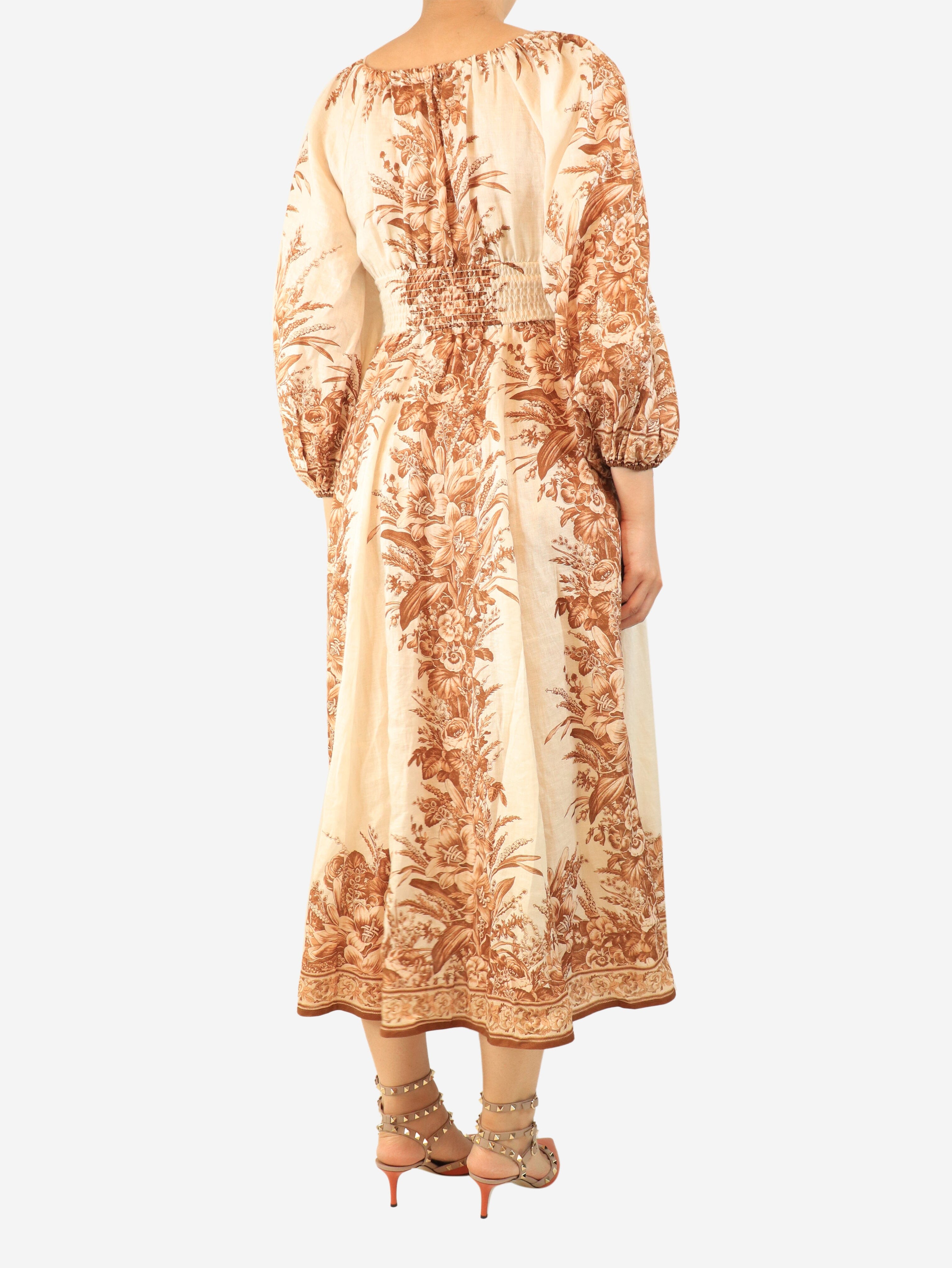 Neutral and brown floral linen midi dress - size UK 8 Dresses Zimmermann 