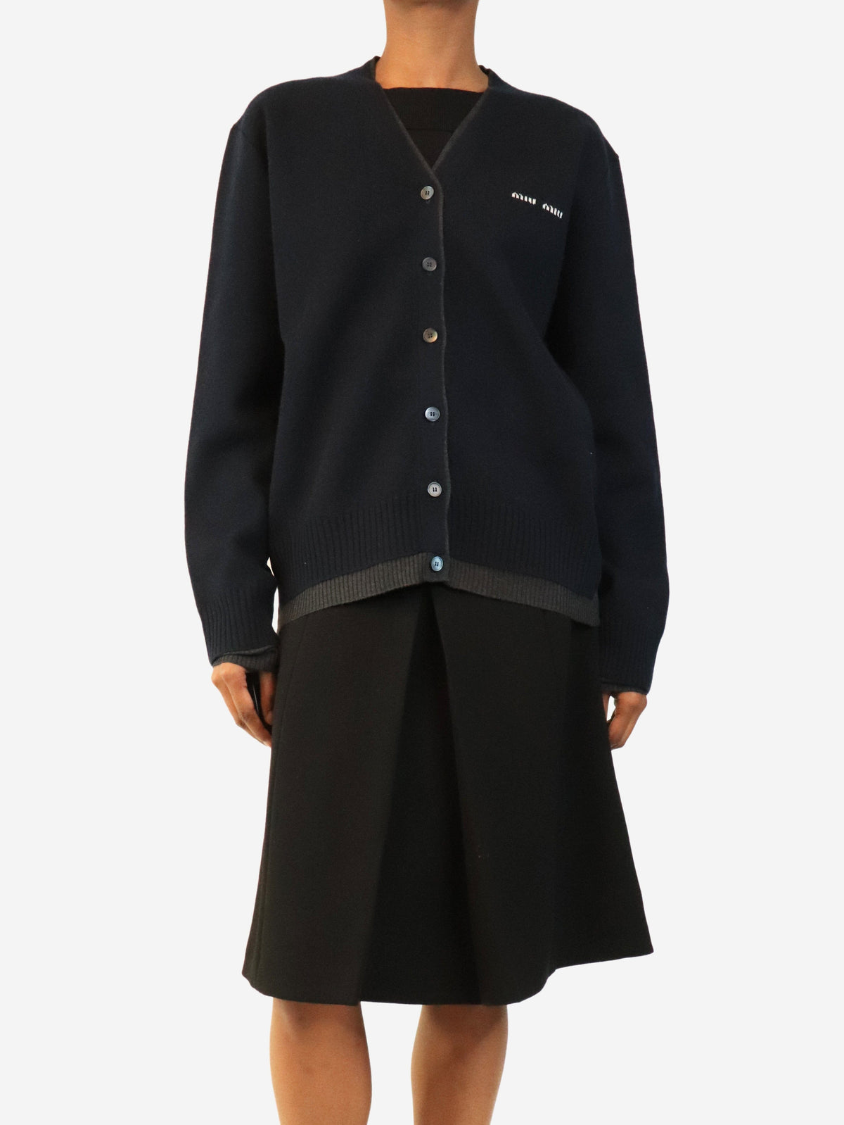 Navy and charcoal v-neck cashmere cardigan - size UK 6 Knitwear Miu Miu 