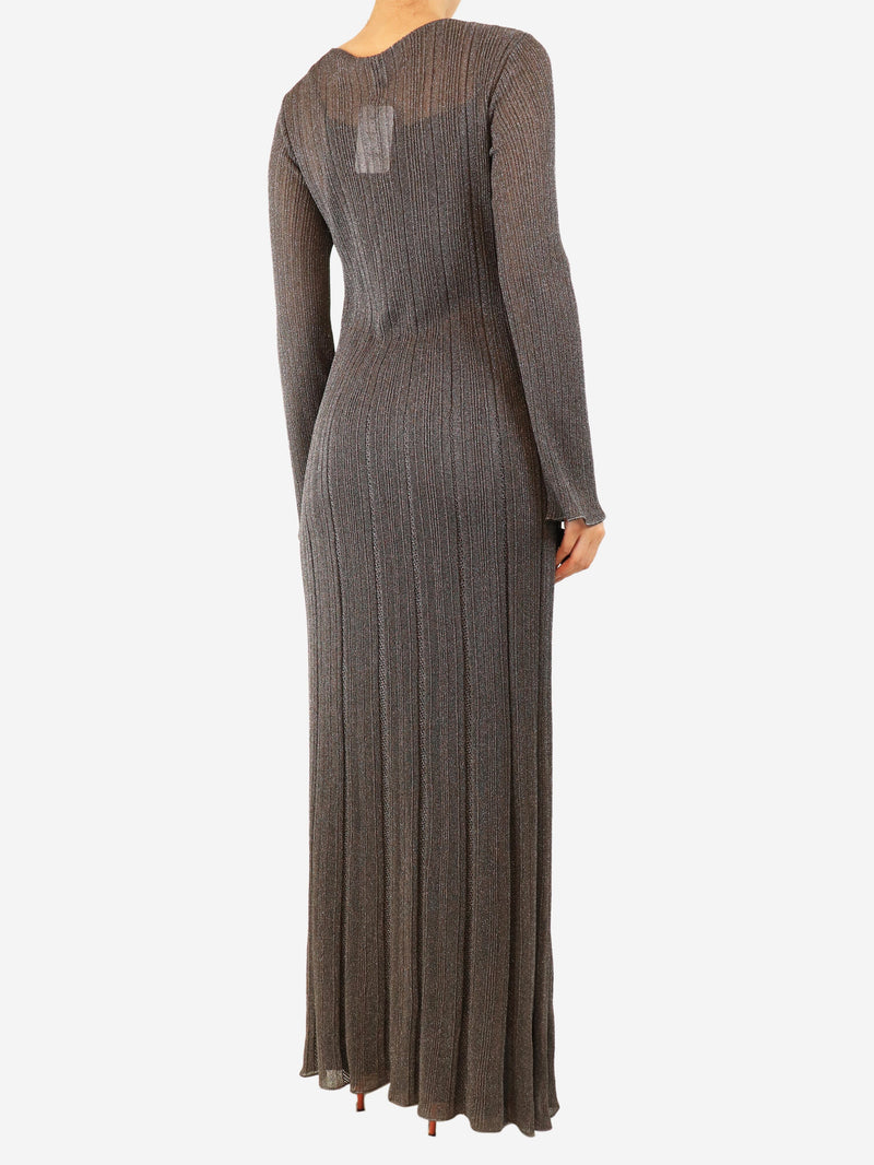Grey long-sleeved lurex long dress with slip - size UK 16