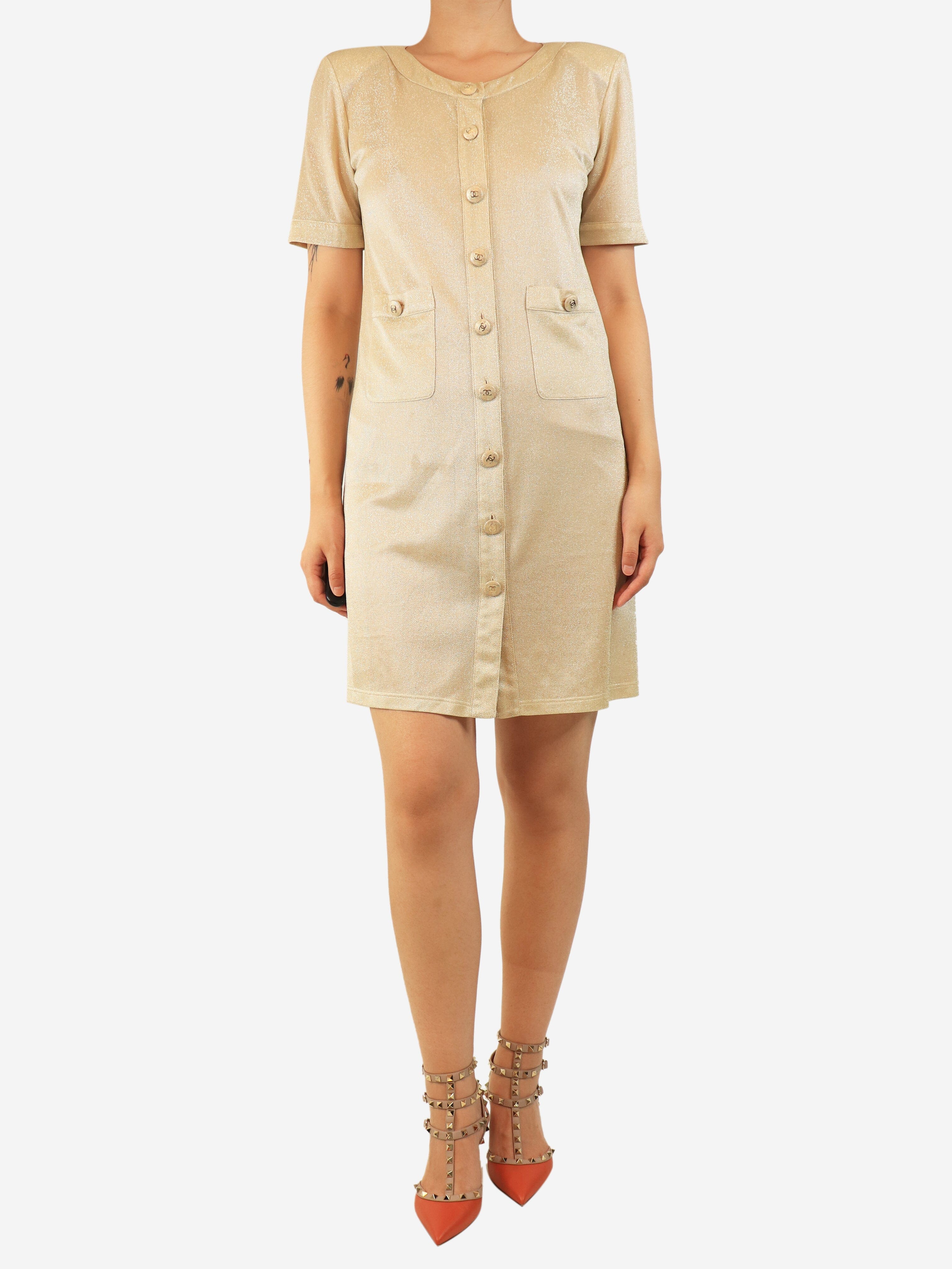 Gold lurex button-down dress - size UK 10