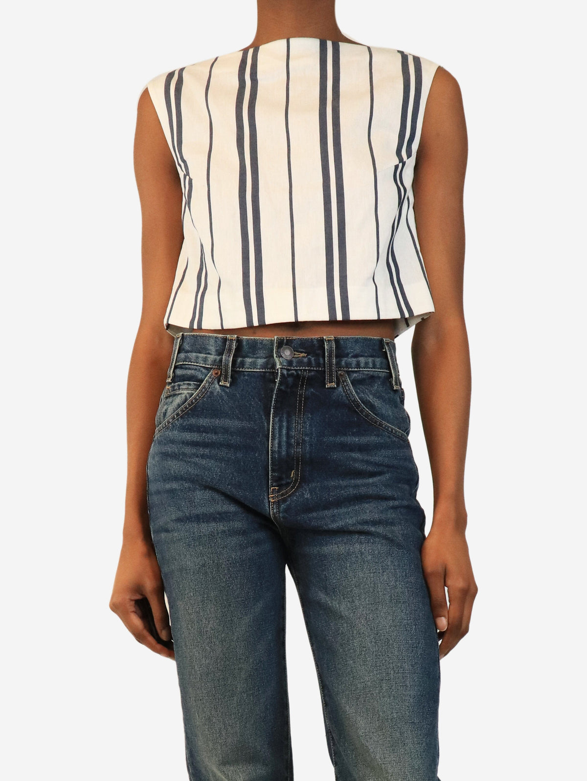 White and navy Richard cropped striped woven top - size XS Tops DESTREE 