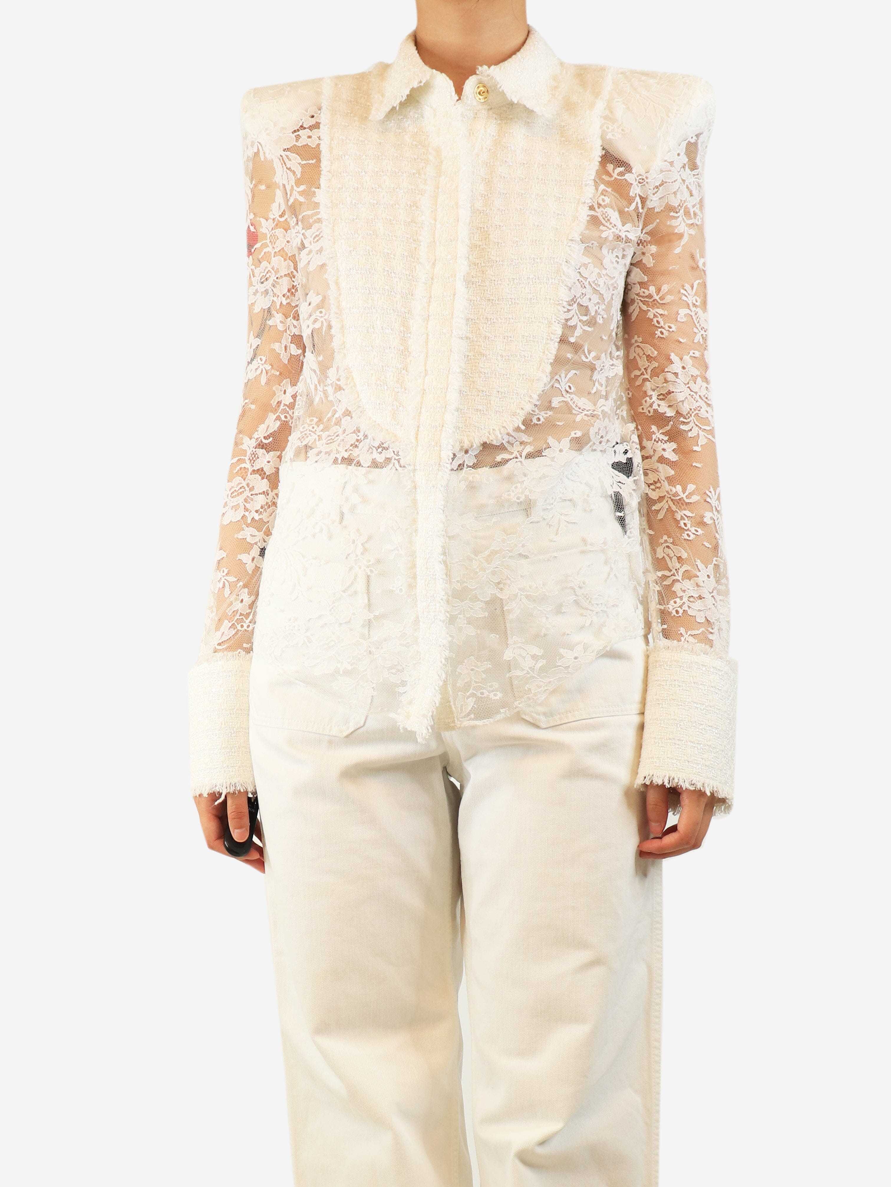 White sheer lace and tweed blouse - size UK 10 Tops Balmain 
