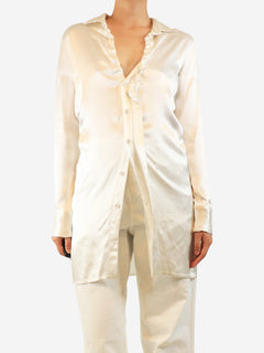 Cream satin ruched front blouse - size UK 10