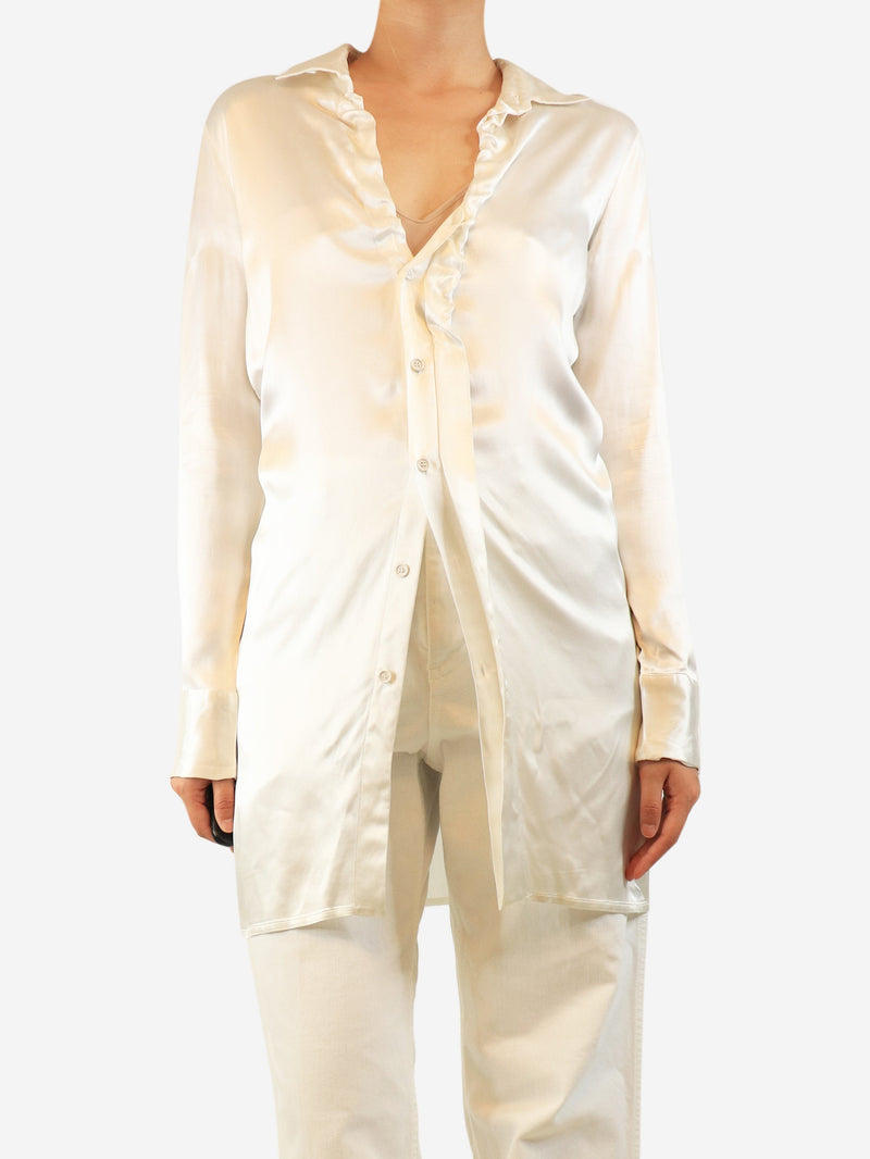 Cream satin ruched front blouse - size UK 10
