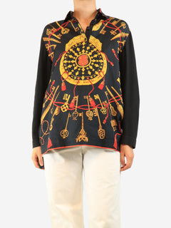 Black vintage silk printed polo top - size L Tops Hermes 