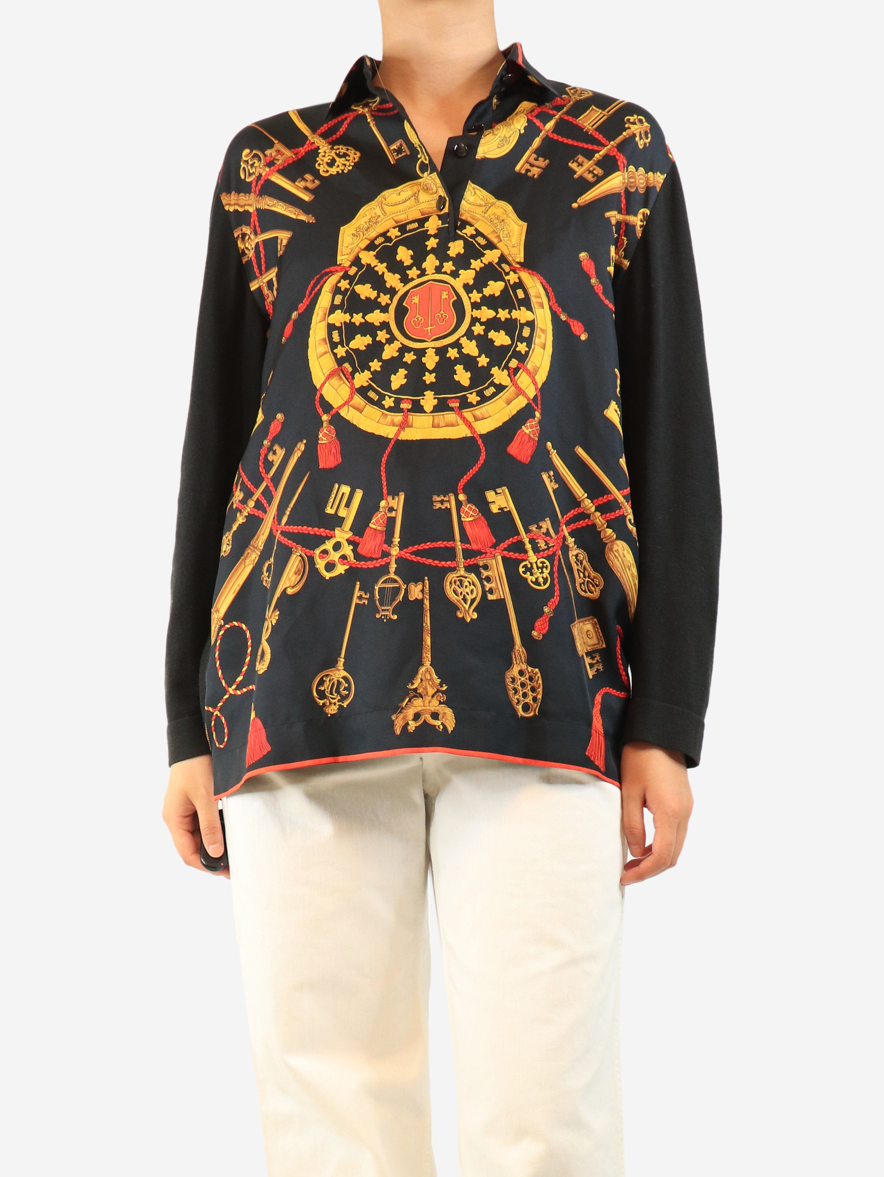 Black vintage silk printed polo top - size L Tops Hermes 