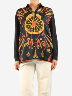 Black vintage silk printed polo top - size L Tops Hermes 