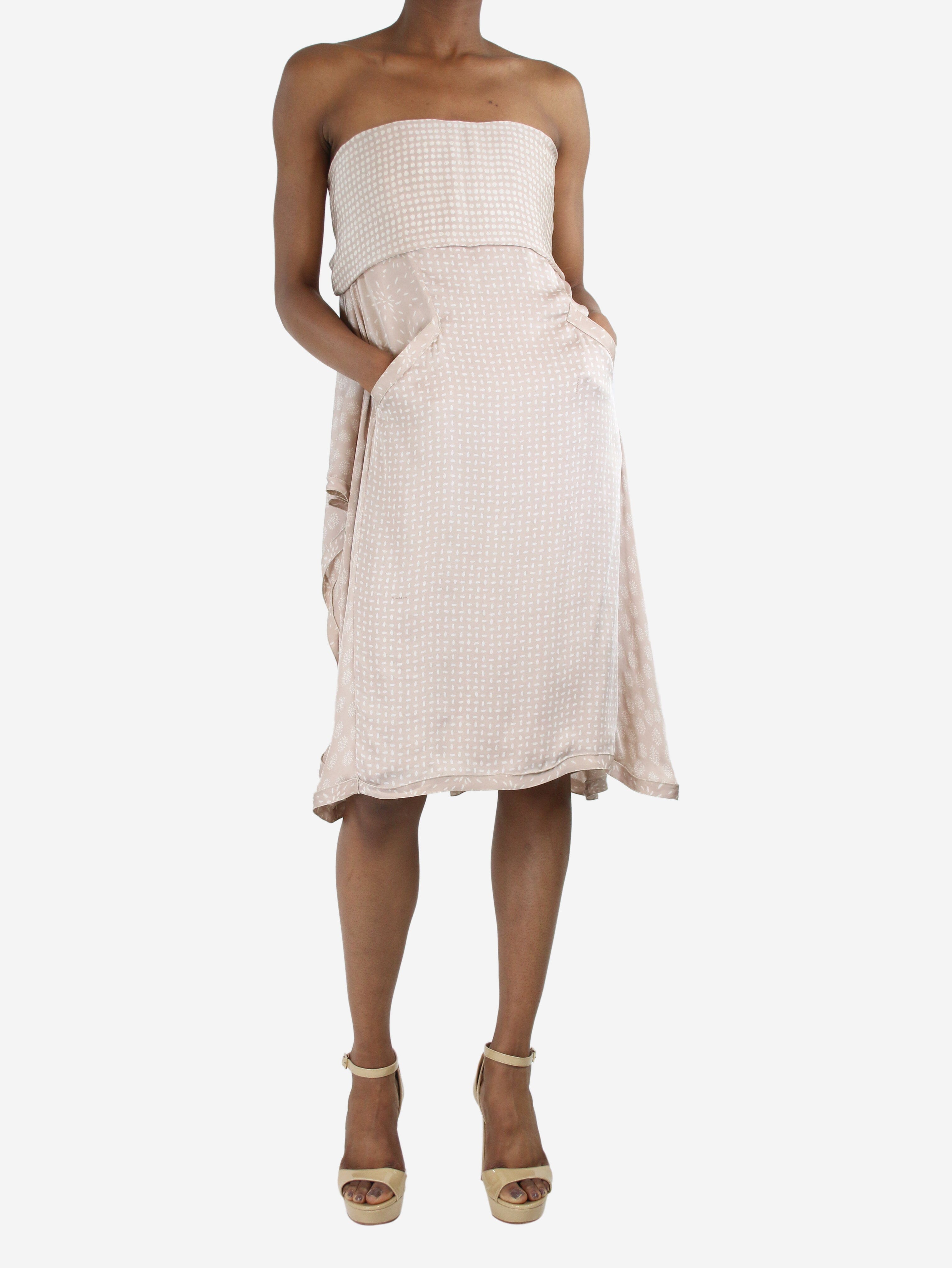 asymmetric strapless silk printed dress