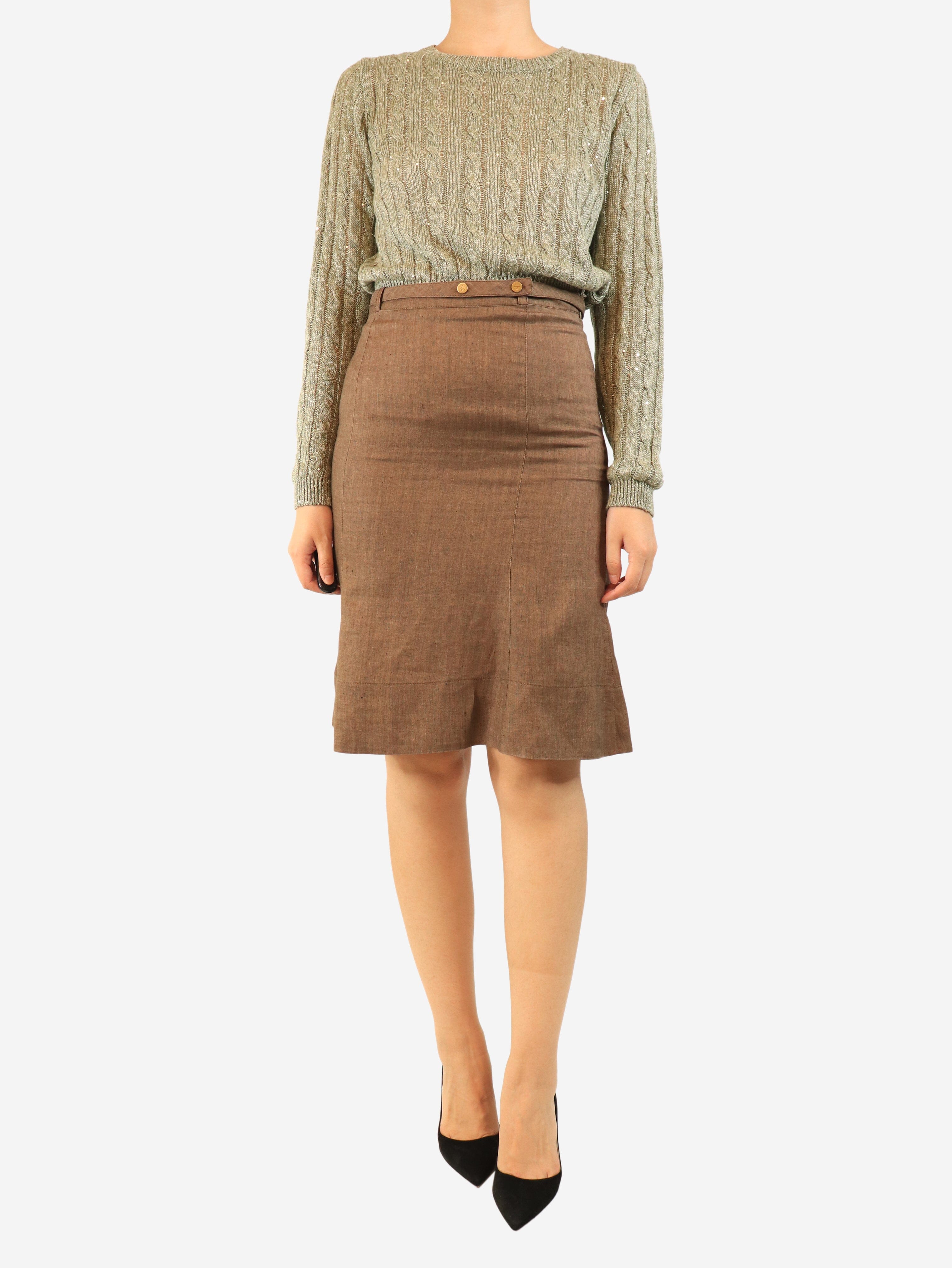 Brown belted linen midi skirt - size UK 10 Skirts Loro Piana 