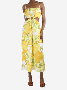 Faithfull The Brand Yellow floral linen cut-out detail midi dress - size XS