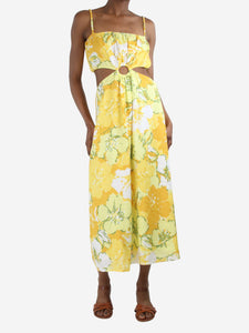 Faithfull The Brand Yellow floral linen cut-out detail midi dress - size XS