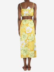 Faithfull The Brand Yellow floral linen cut-out detail midi dress - size XS