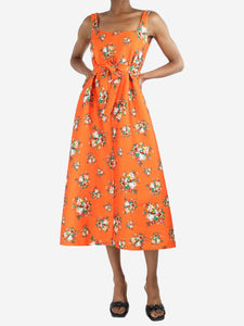 Emilia Wickstead Orange floral-printed belted midi dress - size UK 6