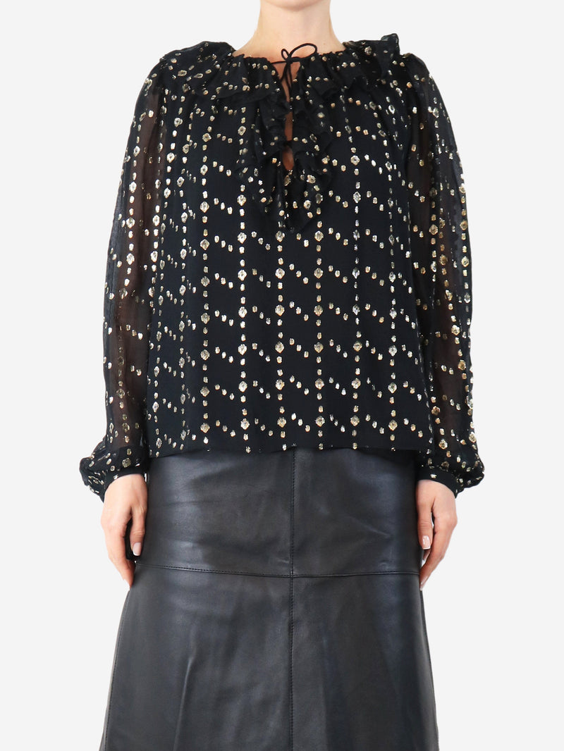 Black Emilie lurex-dot ruffle blouse - size UK 10 Tops Ulla Johnson 