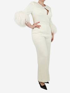 Elie Saab Cream feather-trimmed jumpsuit - size UK 16