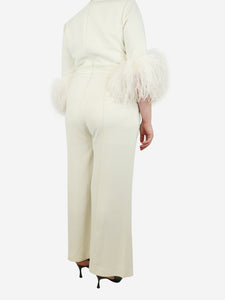 Elie Saab Cream feather-trimmed jumpsuit - size UK 16