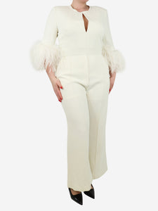 Elie Saab Cream feather-trimmed jumpsuit - size UK 16