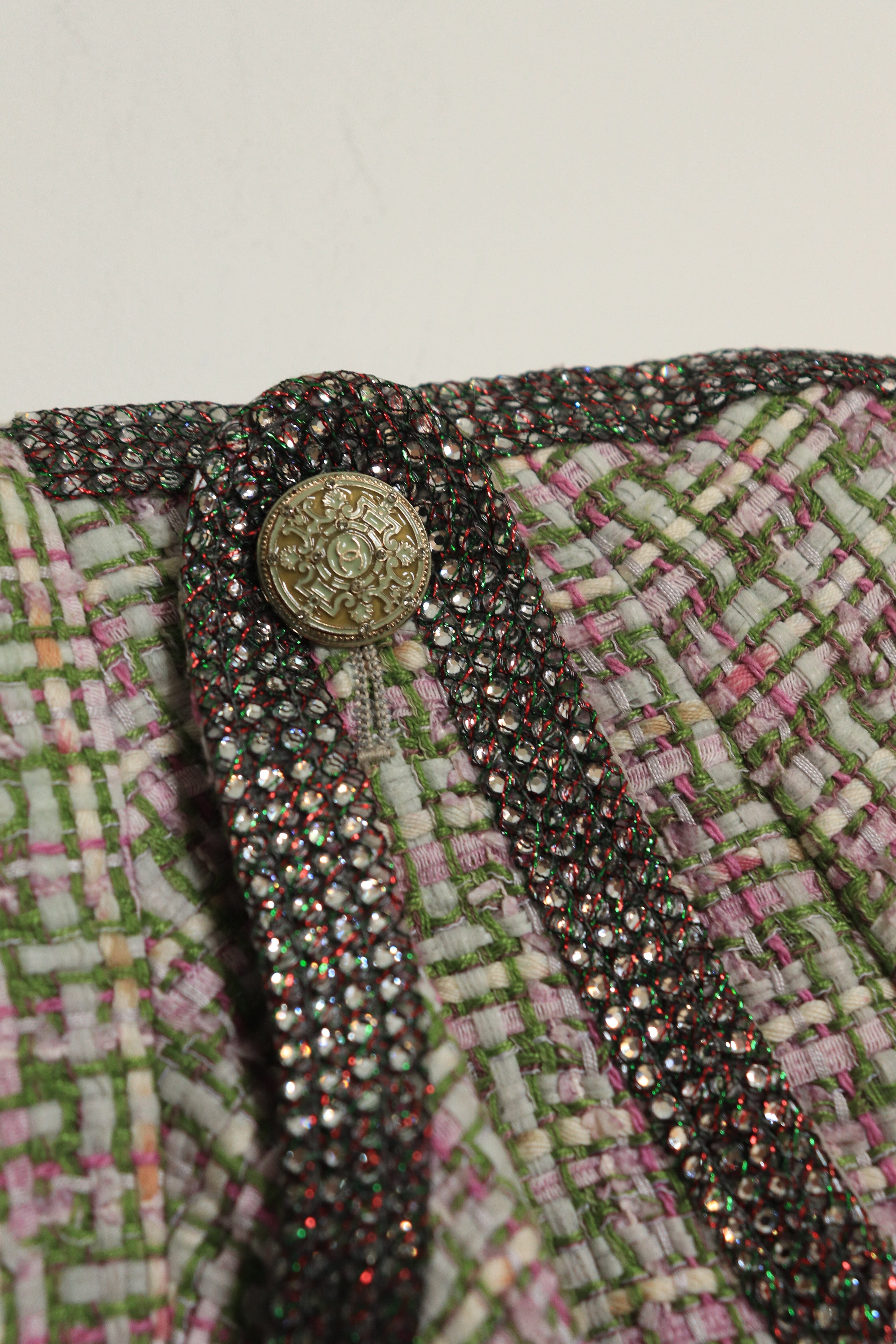 Green and pink rhinestone tweed jacket - size UK 10