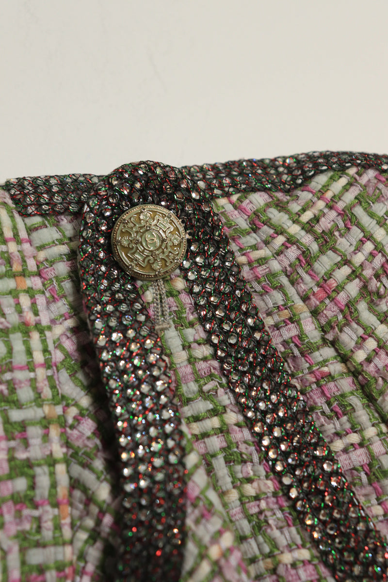 Green and pink rhinestone tweed jacket - size UK 10