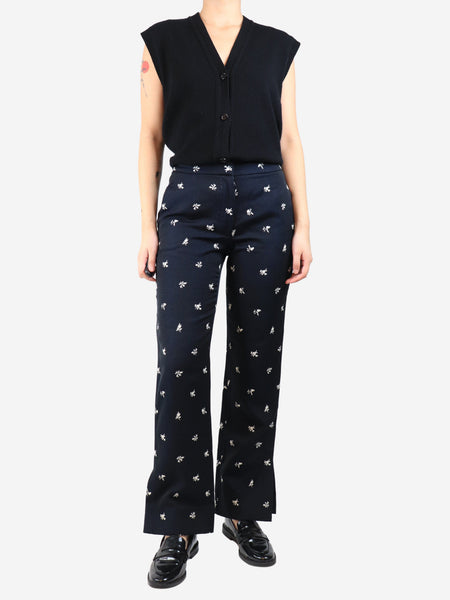 Navy blue floral jacquard trousers - size UK 10 alternate image