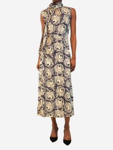 Cream and blue floral tie-neck midi dress - size UK 6 Dresses Prada 