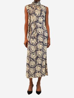 Cream and blue floral tie-neck midi dress - size UK 6 Dresses Prada 