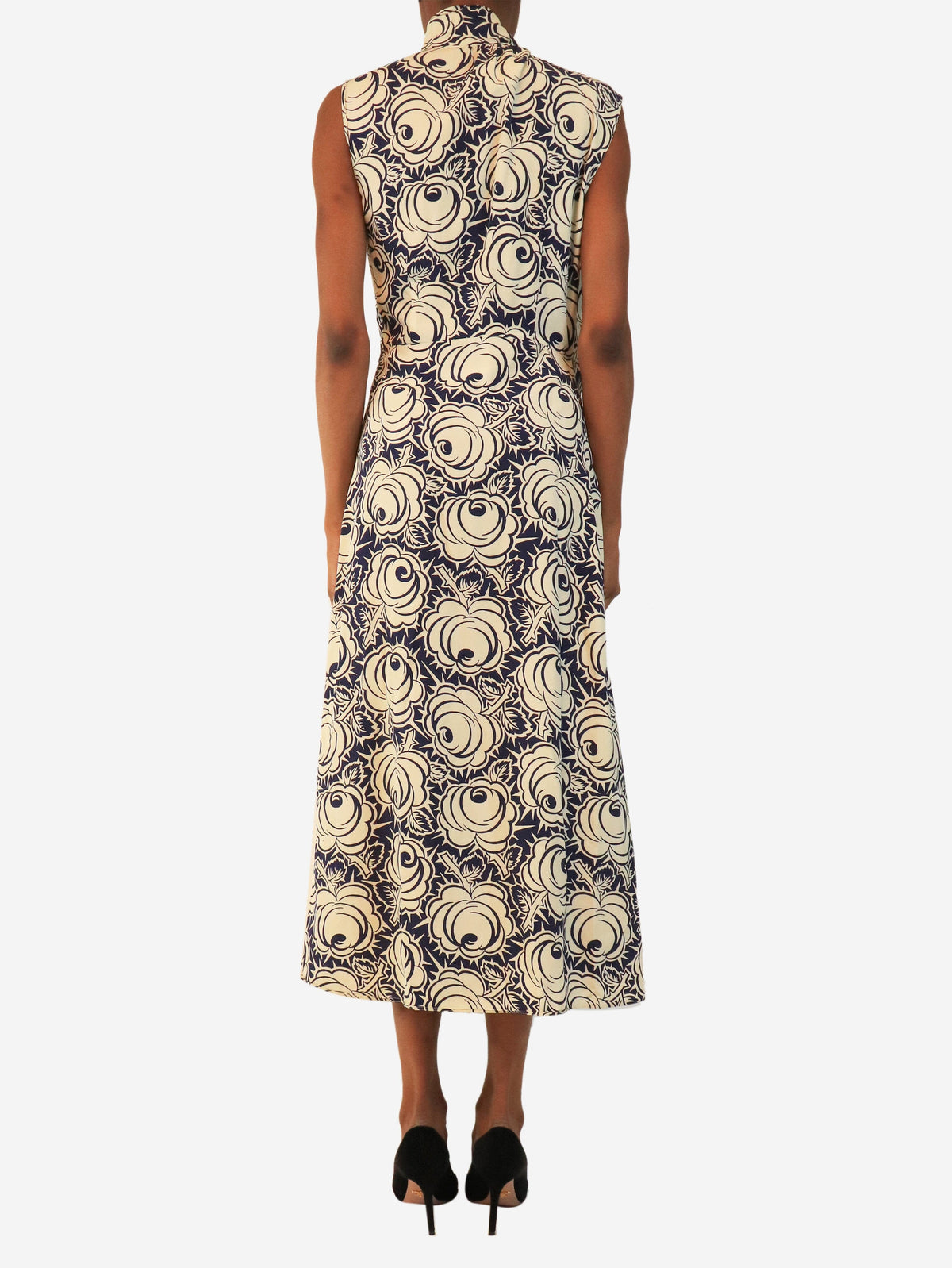 Cream and blue floral tie-neck midi dress - size UK 6 Dresses Prada 