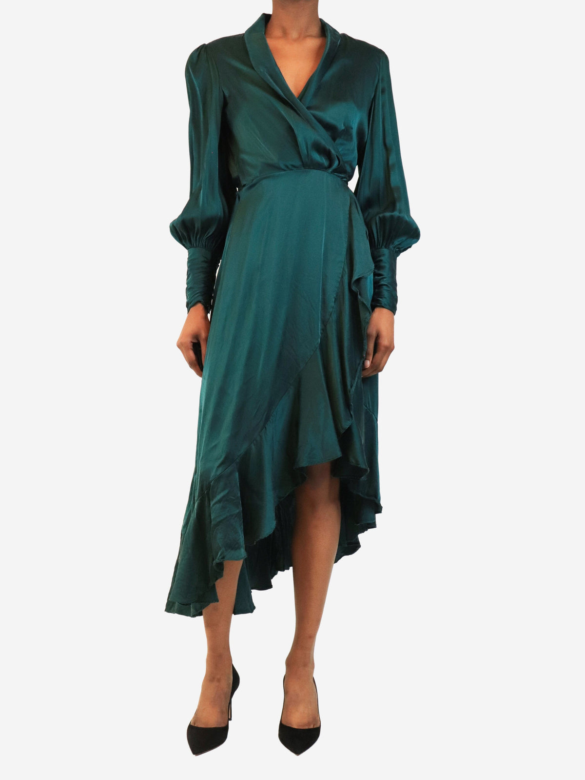 Emerald green long-sleeved silk wrap midi dress - size UK 8 Dresses Zimmermann 