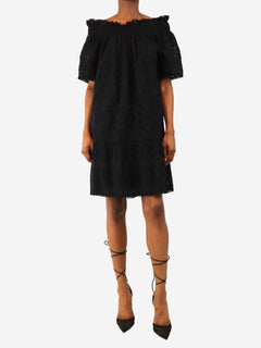 Navy off-shoulder broderie anglaise mini dress - size UK 8
