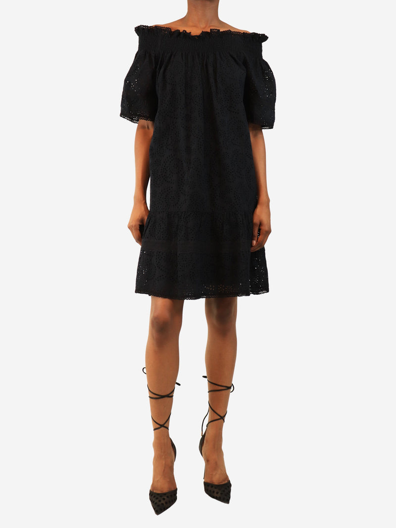 Navy off-shoulder broderie anglaise mini dress - size UK 8