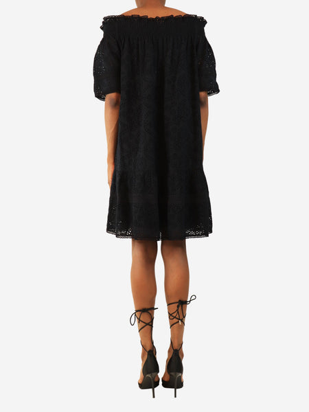 Navy off-shoulder broderie anglaise mini dress - size UK 8 alternate image