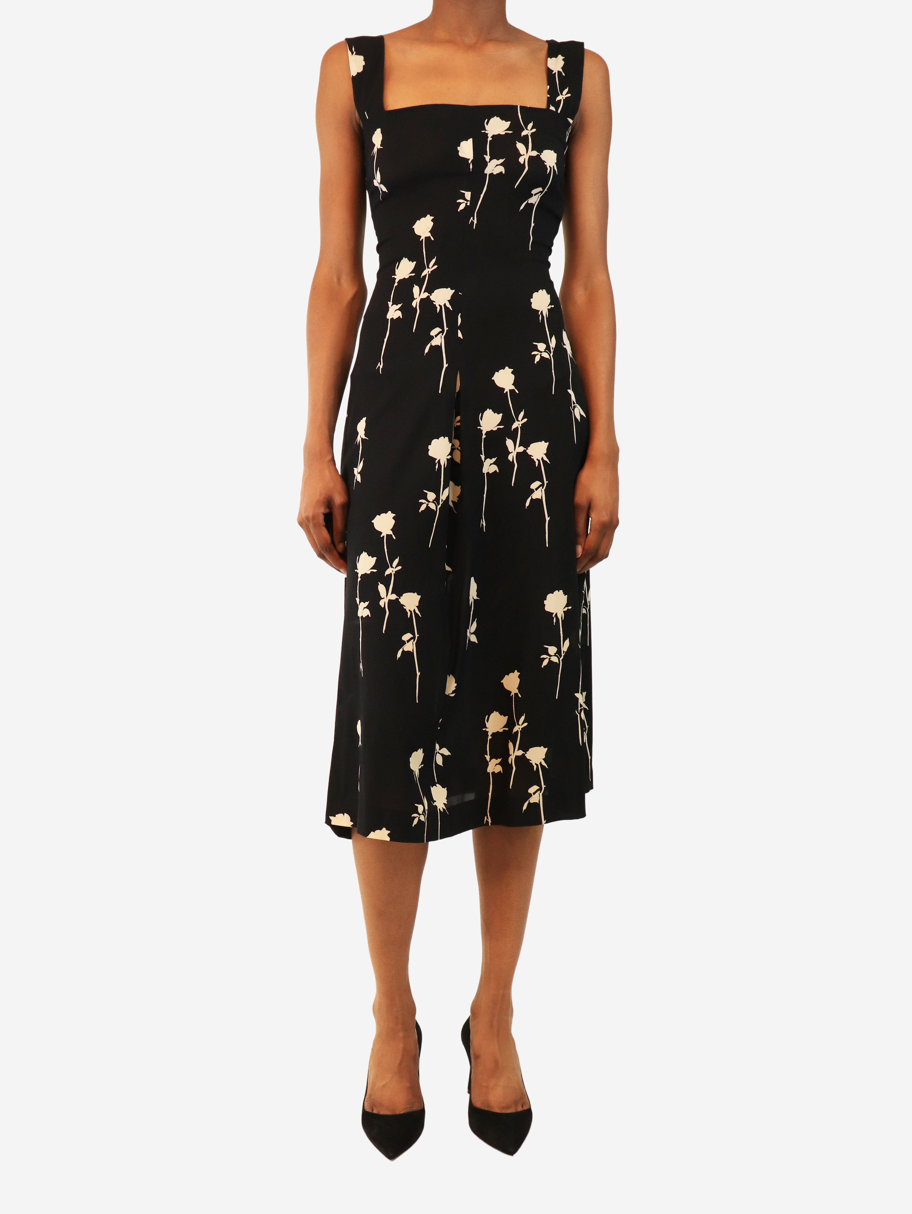 Black silk floral-print slip dress - size UK 6