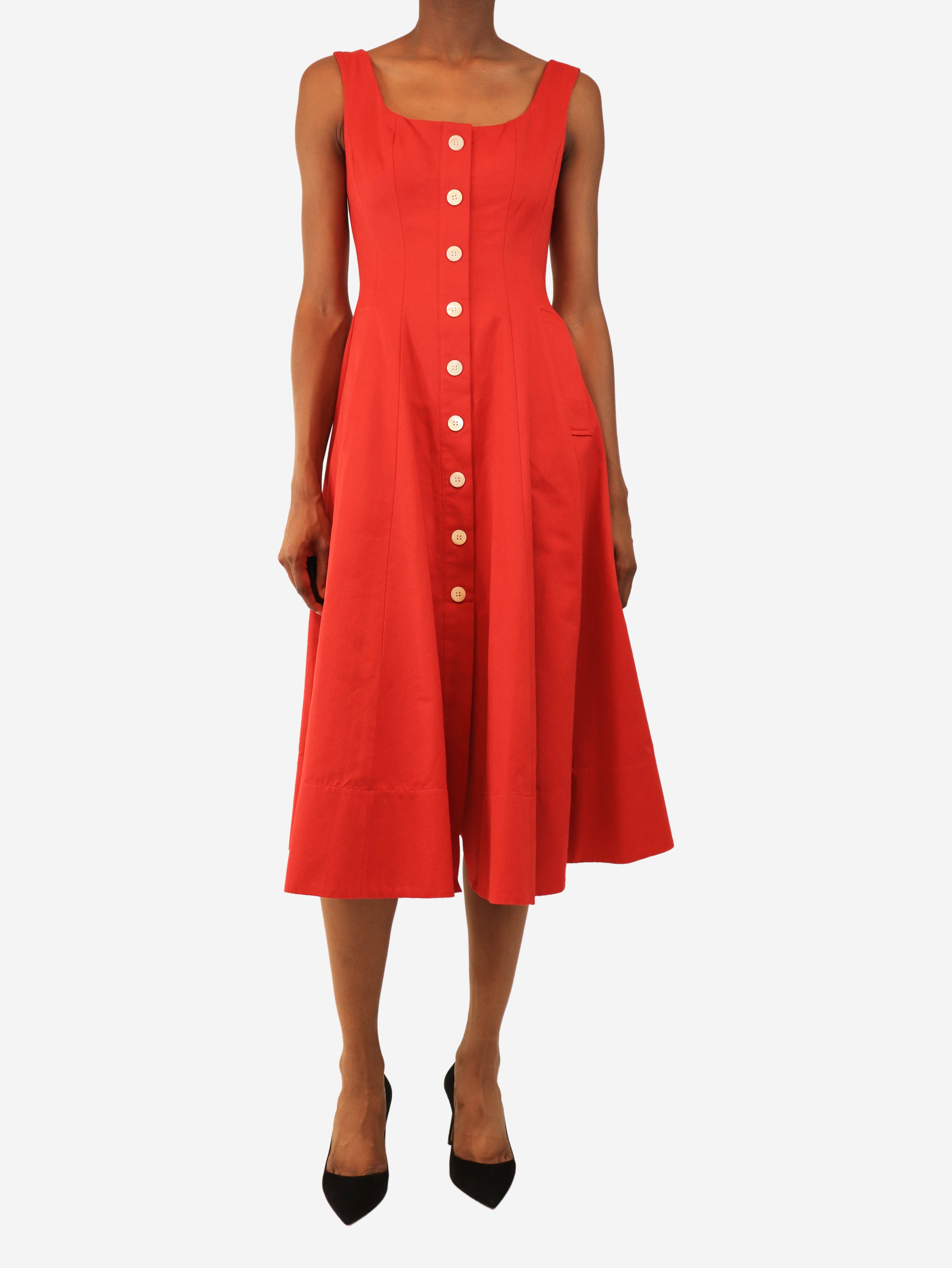 Red button-front midi dress - size UK 6