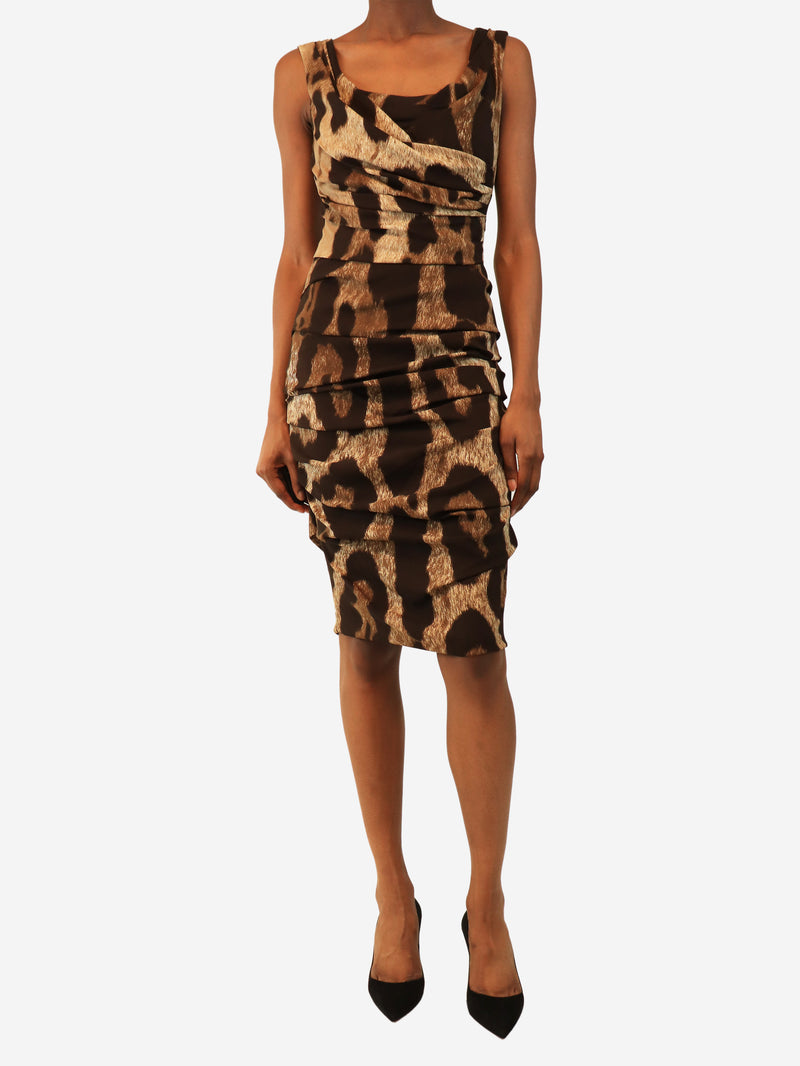 Brown ruched animal-print mini dress - size UK 10
