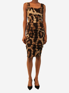 Brown ruched animal-print mini dress - size UK 10