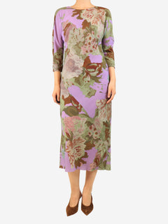 Purple floral midi dress - size UK 12